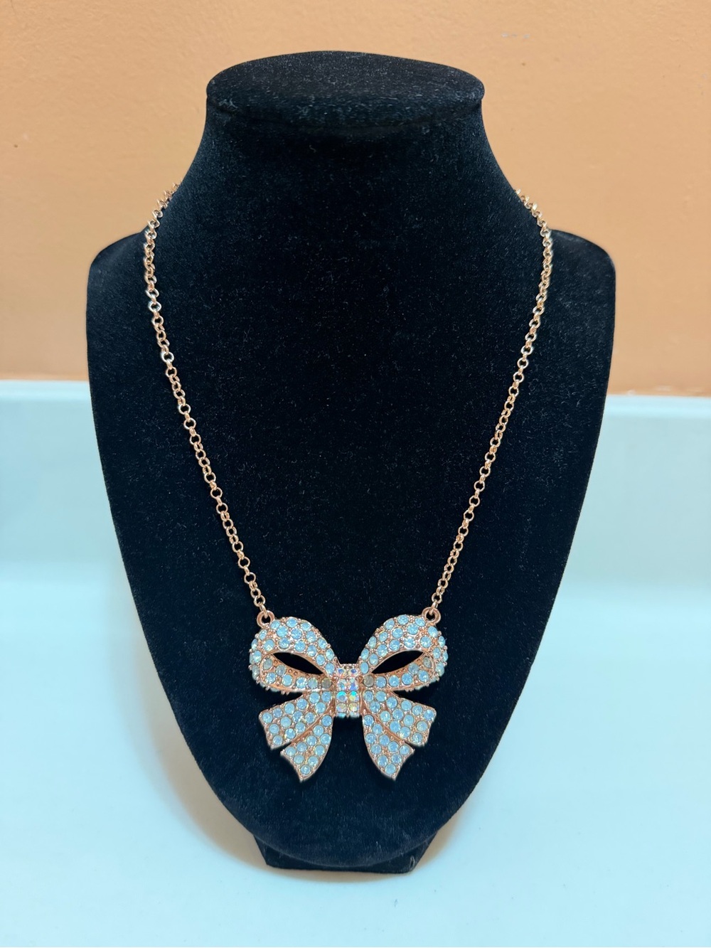 NWOT Betsy Johnson Large Bow Necklace - Rose Gold-Plated with Crystals